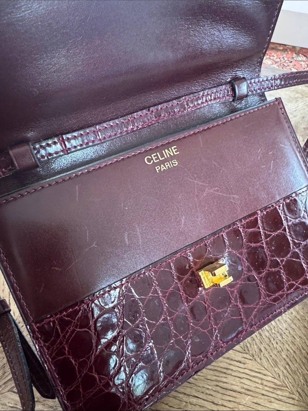 CELINE Vintage Front Lock Shoulder Bag Purse Croc Embossed Bordeaux Leather